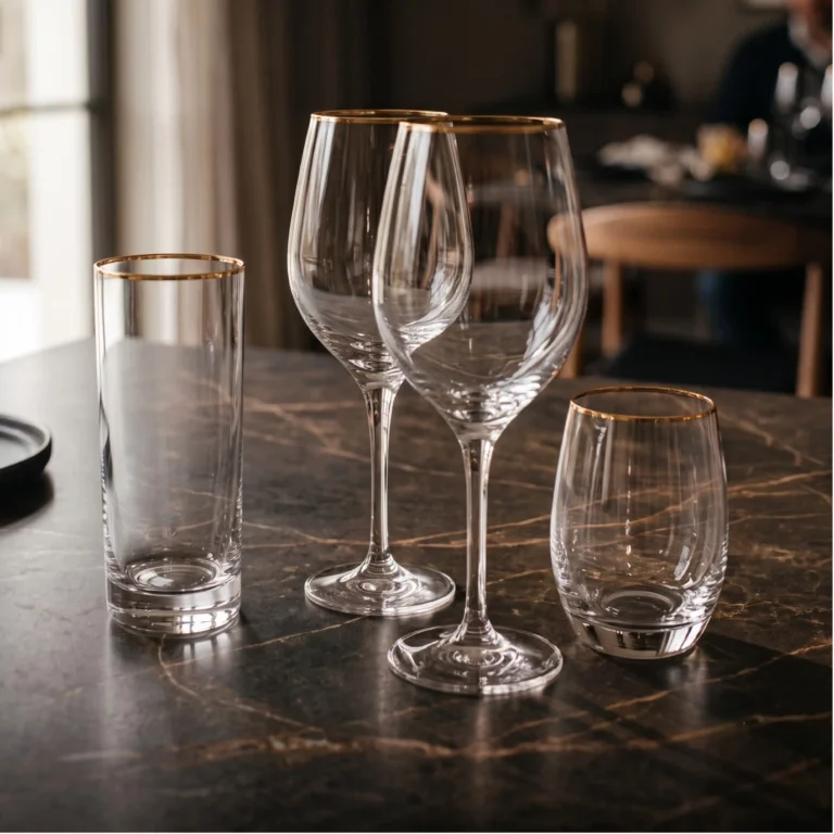 Decor Triibe crystal wine glasses and highball glasses on an elegant dining table